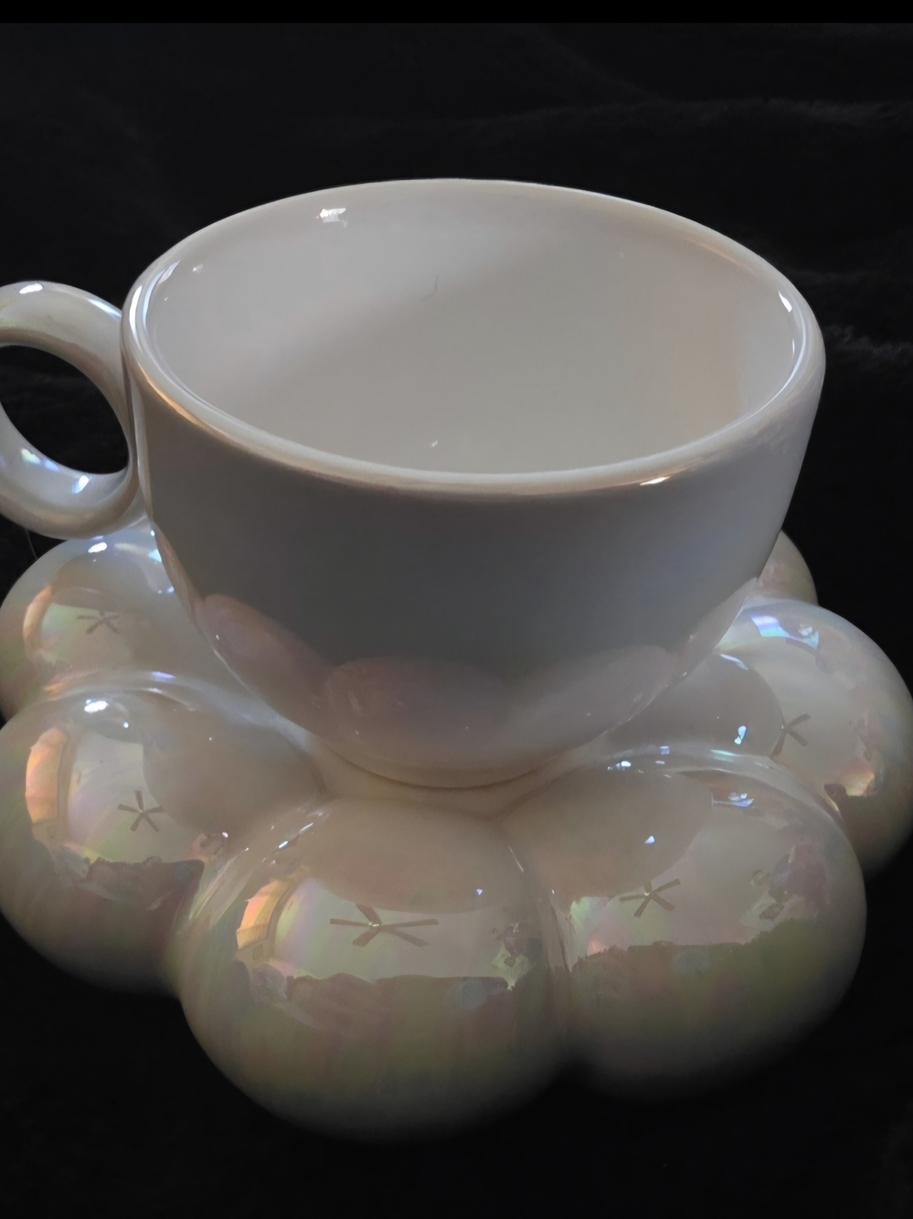 White Iridescent Bubble Saucer Teacup - Brand Unknown